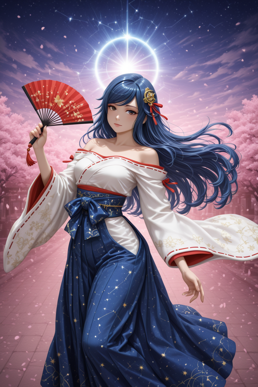masterpiece, best quality, amazing quality, 1girl, solo, makeup, general, looking at viewer, blush, highres, shrine, day, sky, cloud, cherry blossoms, falling petals, wind, dance, serene, holding fan, sunlight, <lora:Celestial_Shrine_Maiden_Outfit:1>, Celestial_Shrine_Maiden_Outfit, long sleeves, bare shoulders, japanese clothes, wide sleeves, off shoulder, blue hakama skirt, blue hakama, bow, blue bow, star print, sash, obi, collarbone, star(symbol), starry sky print, constellation print, long skirt, socks, ribbon trim, ribbon-trimmed sleeves, zouri, miko, <lora:Shizuha_Kocho_2025_Anime_version:0.8>, shizuha, solo, long hair, blue hair, breasts, hair ornament, brown eyes, <lora:wai-2Rectified-V140:1>, <lora:illustrious_noobai_epsilon_pred_1_masterpieces_v1:1>