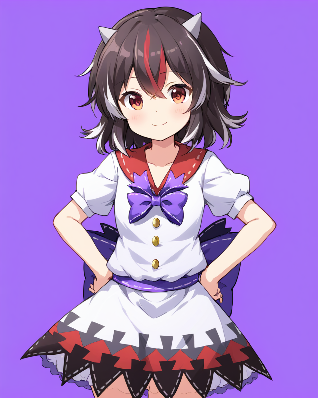 kijin seija,1girl, solo, horns, smile, purple_bowtie, purple_background, hand_on_hip, closed_mouth, simple_background, index_finger_raised, arrow_\(symbol\), looking_at_viewer, white_skirt, standing, buttons, cowboy_shot, white_shirt, blush, puffy_short_sleeves, white_dress, multicolored_skirt
<lora:kijin_seija_image4523_2023-12-20-000008:1>,star-shaped_pupils,symbol-shaped_pupils,. gorgeous,key visual, vibrant, studio anime,award-winning, professional, highly detailed,high budget, cinemascope