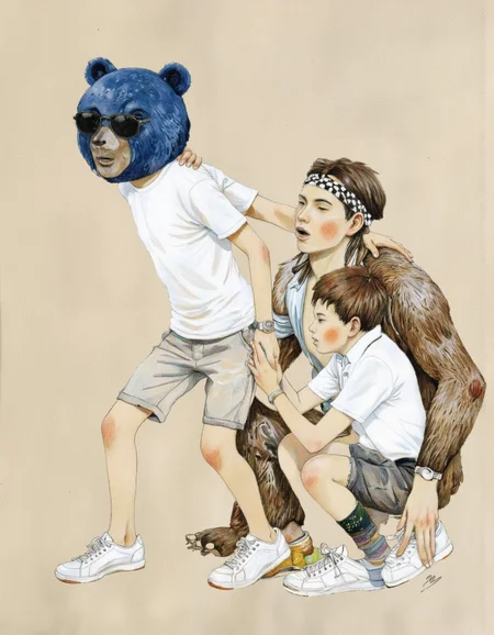 By Taiyo Matsumoto. A surreal and playful illustration featuring two young men in a playful pose, one with a blue bear-like head and the other with a playful expression. the bear, positioned on the left side of the image, is wearing a white t-shirt, white shorts, and white sneakers, with a black and white checkered headband and a watch on his left wrist. he appears to be a young man with short brown hair styled in a braid, wearing a pair of sunglasses and a white shirt, and has a surprised expression on his face. on the right side, the bear is positioned behind him, with his head turned to the side and his eyes closed, as if he is in a state of shock or surprise. he is positioned in a squatting position, holding onto the bear's neck with one hand and his other hand on the other's shoulder, while the bear has a mischievous expression on its face. the background is a plain beige color, and the overall style is reminiscent of japanese street art, with bold lines and bright colors that bring the scene to life. <lora:Taiyo_Matsumoto-000008:1>