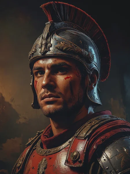 impactful color paint of a Roman soldier in full armor, standing tall with a serious expression on his face. on the background  military , ((masterpiece)) , ((detailed)),  <lora:Bold_Pop:0.6> ...........  highly detailed, vibrant colors , 8k, sharp, professional, clear, high contrast, high saturated, , vivid deep blacks, crystal clear