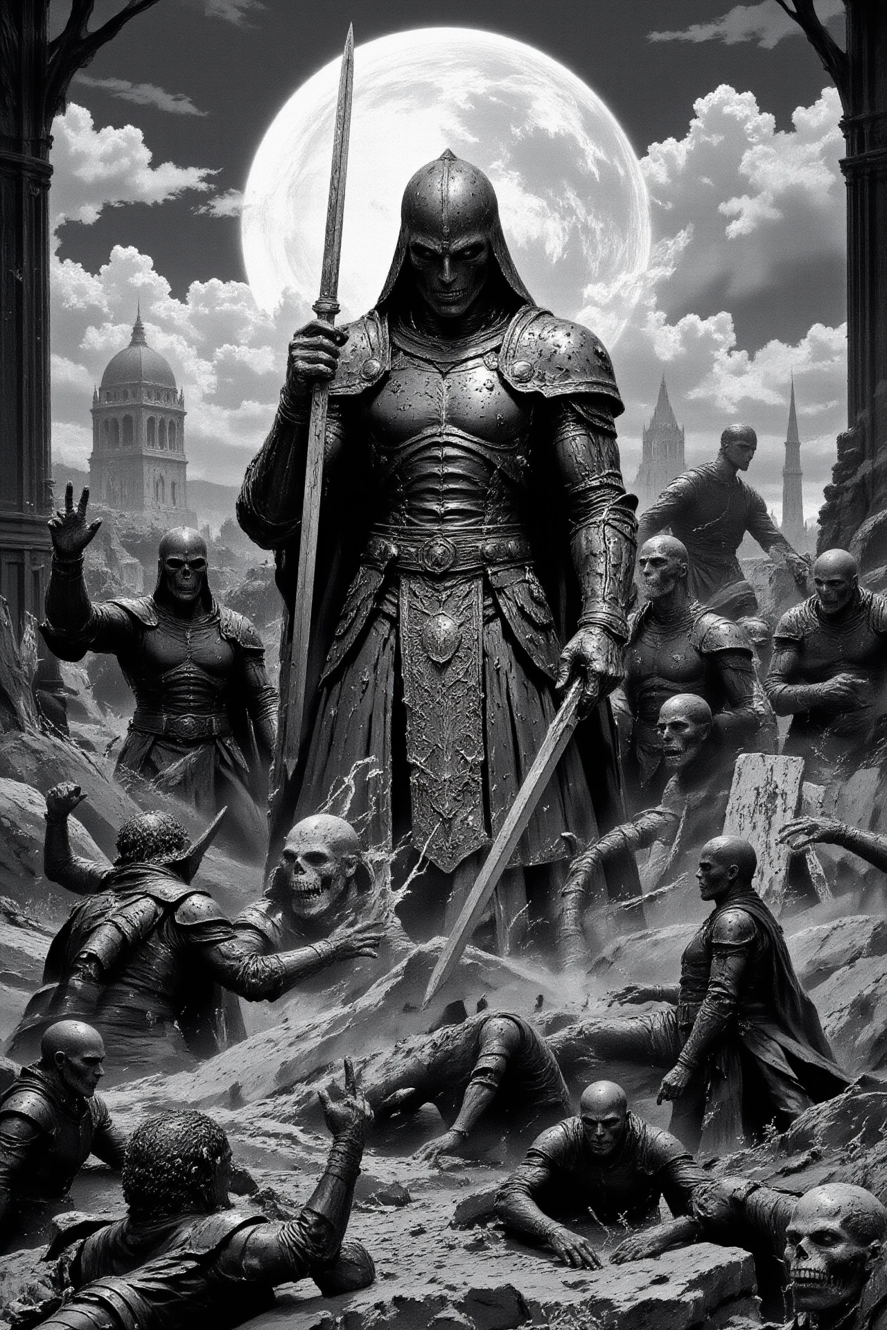 terror horror fantasy landscape, graveyard, comics, very detailed medieval warrior  holding a sword fighting against a group of esquletons, vampires and monsters, (multilayer paint splash style),  <lora:Hand v2:1> <lora:Anti-Blur:1> <lora:Insane Detail Slider:0.5>   <lora:Flux.1_Turbo_Detailer:0.6>   <lora:flux-photo-transparent_Alpha_1.0:0.8> <lora:flux.1_lora_flyway_Epic-detail_v2:1>   <lora:FluxMythP0rtr4itStyle:0.8> mythp0rt <lora:zy_Dark_Fantasy_Flux:0.5> <lora:Wraith_BW_Flux:0.2> B&W