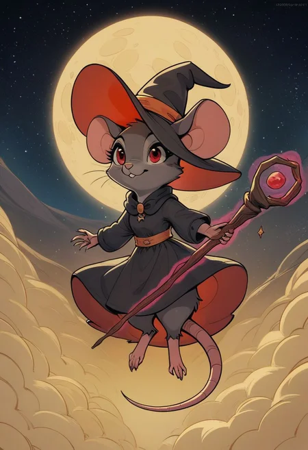 score_9, score_8_up, score_8, (solo), (fluffy:0.8), (feral), outdoors, furry, (((mouse))), female, red eyes, dark grey fur, black ears, claws, (fluffy cheeks:0.4), witch hat, (black dress), (magical staff), (cute:0.3), in the style of beatrix potter, cel-shading, fca style, sky, moon, night, stars, (dark:1.5), backlit, (magic:1.5), levitating, flying, simple background, magical aura
