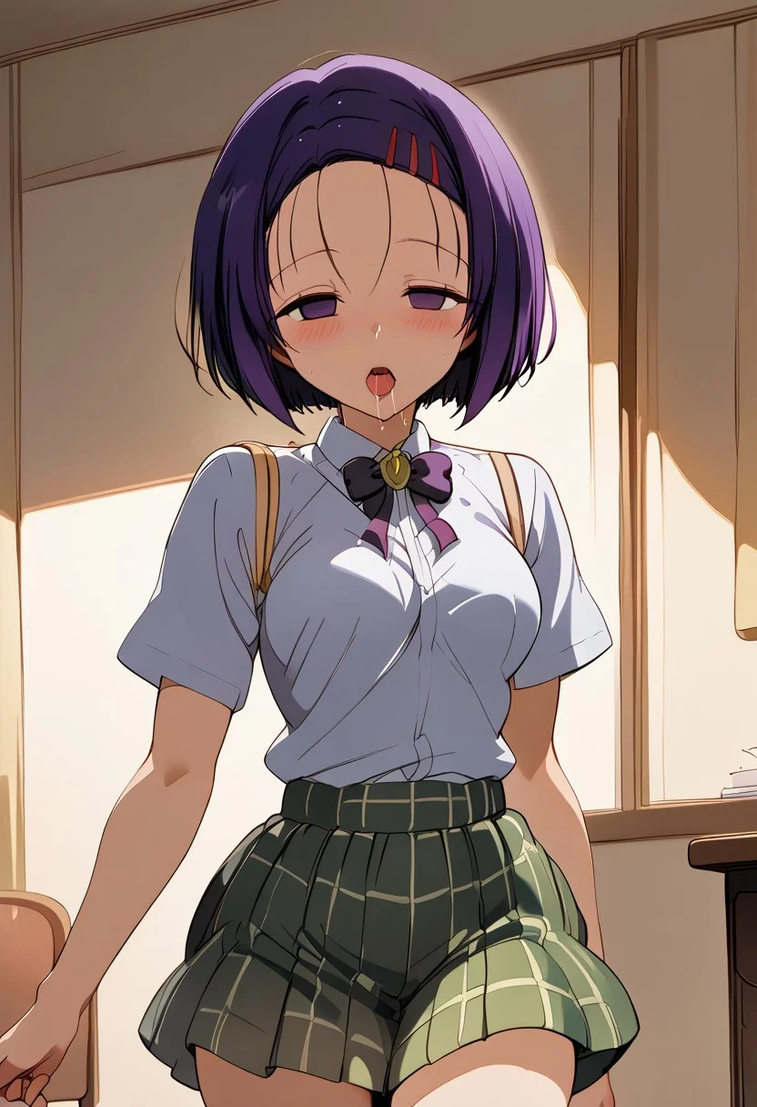 score_9, score_8_up, score_7_up, source_anime, cutest girl in the world, beautiful, masterpiece, best quality, rich colors, soft warm lighting,
1girl, 1boy, distant perspective from the professor’s point of view, capturing more of the classroom setting, Haruna Sairenji standing at a desk, Sainan uniform with a green plaid skirt and partially unbuttoned short-sleeved blouse , hypnotized expression with a seductive gaze and slightly sticking out her tongue, hands holding notebook loosely,
BREAK,
Haruna Sairenji, purple eyes, purple short hair with swept bangs and a hairclip, forehead visible, green plaid skirt, short-sleeved blouse slightly unbuttoned, uniform, her expression is alluring with a hint of seduction due to being hypnotized, soft blush on her cheeks, saliva, white panty, white bra, sexy,
BREAK,
1boy, a heavyset man in a suit, standing at a noticeable distance but still close enough to Haruna to create a subtle feeling of tension and allure in the atmosphere,
BREAK,
empty classroom setting, more of the room visible with desks and chairs, warm light streaming through the windows, creating a soft glow around the room, gentle shadows enhancing the sense of tension and intimacy,empty eyes,half-closed eyes