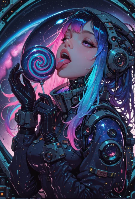 <lora:ck-nc-cyberpunk-IL-000011:1>,  masterpiece, best quality, good quality, very aesthetic, absurdres, newest, 8K, depth of field, focused subject, 1girl, science-fiction, floating, space, licking, lollipop, sexy space suit, stars, nebula, galaxy, swirl, neon hair, long hair,
 in the style of cknc
 <lora:MoriiMee_Gothic_Niji_Style_Illustrious_r1:1>