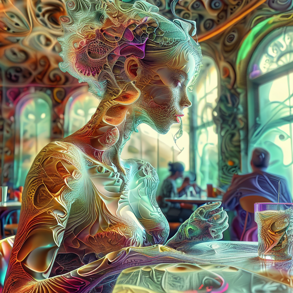 fractalex  beautiful girl in a cafe, people at tables in the background<lora:fractalex:1>