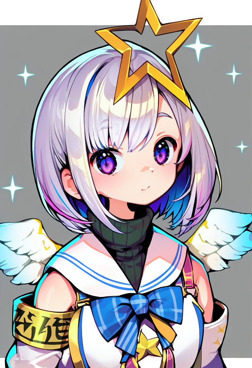 score_9, score_8_up, score_7_up, score_6_up, <lora:GyokaiXL_P6_lokr_V53P1:0.95> 1girl, amane kanata, star halo, solo, virtual youtuber, wings, halo, multicolored hair, bob cut, colored inner hair, angel, feathered wings, short hair, single hair intake, angel wings, purple eyes, armband, grey hair, asymmetrical hair, looking at viewer, upper body, sailor collar, blue hair, pink hair, turtleneck, long sleeves, streaked hair, jacket, mini wings, bangs