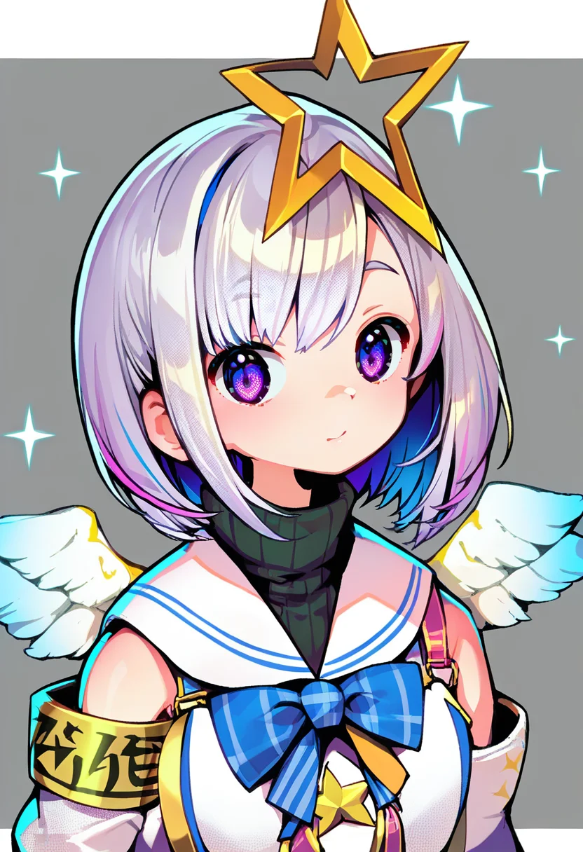 score_9, score_8_up, score_7_up, score_6_up, <lora:GyokaiXL_P6_lokr_V53P1:0.95> 1girl, amane kanata, star halo, solo, virtual youtuber, wings, halo, multicolored hair, bob cut, colored inner hair, angel, feathered wings, short hair, single hair intake, angel wings, purple eyes, armband, grey hair, asymmetrical hair, looking at viewer, upper body, sailor collar, blue hair, pink hair, turtleneck, long sleeves, streaked hair, jacket, mini wings, bangs