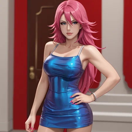 <lora:poisonstreetfighter_pony_v1:0.8> PoisonStreetFighter, 1girl, pink hair, large breasts,long hair, lips,  toned,  nail polish, blue eyes, makeup,  pink nails, cowboy shot,  <lora:0878 Laser nightclub skirt_v1_pony:1> ruanyi0878,blue dress,short skirt, skirt,