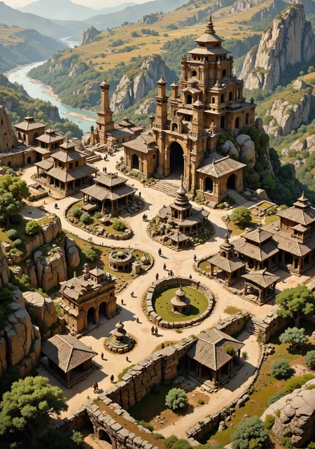 Bird's-eye view, ancient settlement, stone age and bronze age fusion. Intricate spatial composition, geometric planning, strategic shapes and organic patterns. Clustered stone structures, primitive huts, and bold bronze sculptures. Natural elements, textured agriculture lands, meandering rivers, rugged mountains. Atmospheric interplay, ambient light, dynamic shadow, rich earthy hues. Detailed architectural nuances, mosaic-like pathways, designed courtyards. Tiny figures, bustling gatherings, communal spirit amidst historical ambiance. Vintage artifacts, archaic carvings, monumental stone and bronze details. Technical quality 8k, masterpiece, hyper-detailed imagery, intricate design, evocative textures, ethereal light, timeless narrative. <lora:Illustration concept V1:0.7> <lora:zyd232_Ink_Style_Flux1D_v1_1:0.3> <lora:Sinfully_Stylish_1.0_Flux:0.3> <lora:flux_floralizer:0.7> <lora:artilands:0.5> <lora:flux_dev:1>