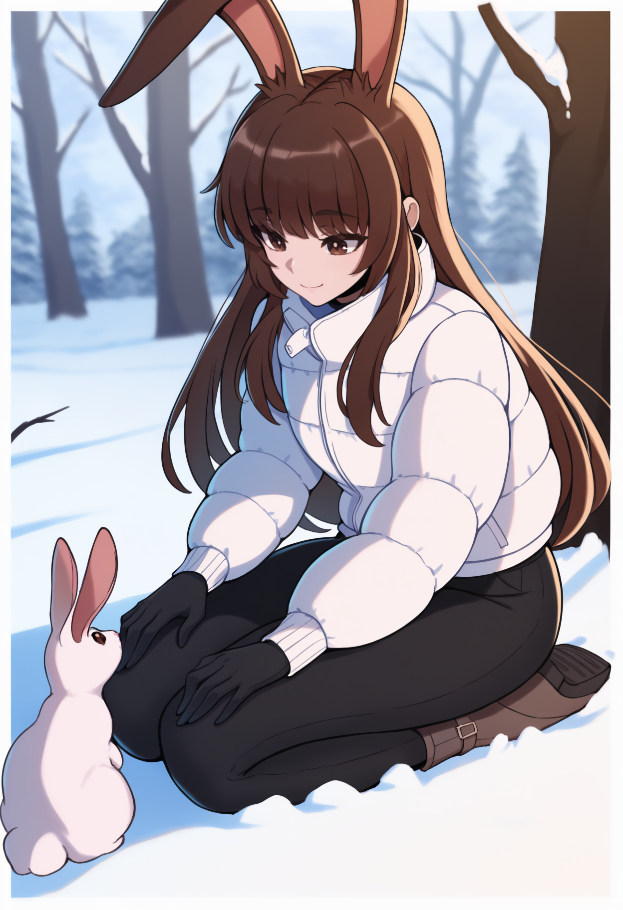 masterpiece, best quality, newest, full body, solo, 1girl, rabbit girl, smile, looking at animal, rabbit, seiza, hands on own thighs, long hair, brown hair, bangs, animal ears, brown eyes, white jacket, down jacket, puffy long sleeves, black gloves, black pants, boots, outdoors, day, snow, nature, tree
<segment:yolo-Anzhc Face seg 640 v3 y11n.pt,0.4,1//cid=11>