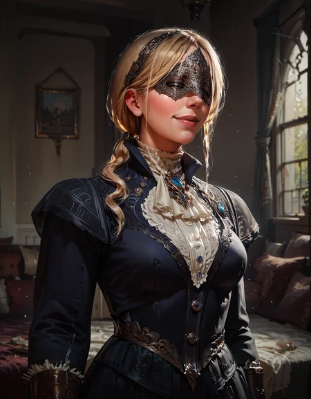 score_9, score_8_up, score_7_up, score_6_up, score_5_up, score_4_up, 1girl, DuchessER, ponytail, blonde hair, eyes mask, large breasts, skinny waist, seductive, erotic, smiling, in love, mid shot, charmed, sexy, Victorian, <lora:Concept Art DarkSide Style LoRA_Pony XL v6> <lora:sinfully_stylish_SDXL> <lora:PonyDuchessER>