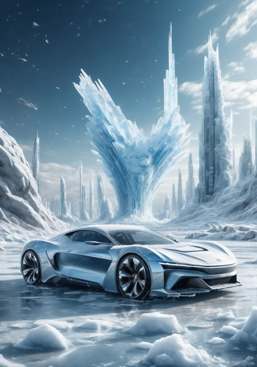 (Masterpiece, high quality, best quality, official art, beauty and aesthetics:1.2),(ultra-high precision detail),8k,<lora:ç§å¹»-éªåé»çº¢sdxl:0.5>,ice,snow,future architecture in china,huge artificial urban structure stuck in ice,exquisite,metal crystal,photon force field,planet background,falling fighter,(((((future broken sports car covered with ice and snow))))),in winter,meteor shower,