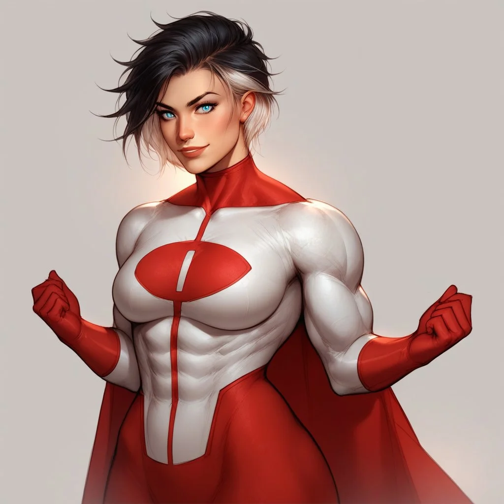 score_9, score_8_up, score_7_up, score_6_up, score_5_up, score_4_up, Expressiveh, 1 girl, solo, flat lighting, intricate details, rating_adult, Expressiveh, WJS07style. beautiful woman, superhero pose, Expressiveh, csr style,Nora, blue eyes, Multicolored hair, black hair, white hair, athletic female, Omni_suit, solo, muscular female, happy, white boots, red cape, red gloves, red pants, white top.