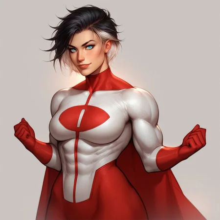 score_9, score_8_up, score_7_up, score_6_up, score_5_up, score_4_up, Expressiveh, 1 girl, solo, flat lighting, intricate details, rating_adult, Expressiveh, WJS07style. beautiful woman, superhero pose, Expressiveh, csr style,Nora, blue eyes, Multicolored hair, black hair, white hair, athletic female, Omni_suit, solo, muscular female, happy, white boots, red cape, red gloves, red pants, white top.