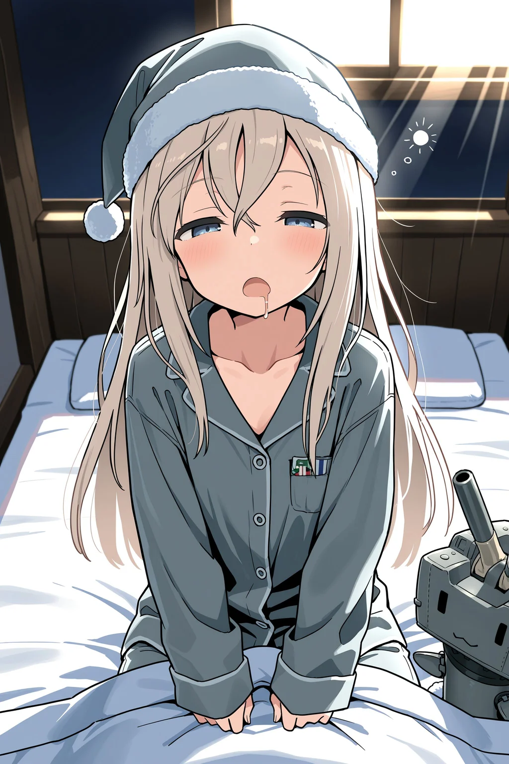 (masterpiece, best quality:1.2), amazing quality, very aesthetic, absurdres, perfect detail,
domitory, morning, bed, sunbeam, upper body, rensouhou-chan,
sitting, waking up, holding futon, surprised, half-closed eyes, open mouth, drooling,
solo, u-511 \(pump\), night cap, grey pajamas, collarbone, long sleeves,
<lora:XL_Ill_kancolle-u511(pump)-t2:0.9>