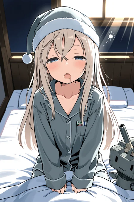 (masterpiece, best quality:1.2), amazing quality, very aesthetic, absurdres, perfect detail,
domitory, morning, bed, sunbeam, upper body, rensouhou-chan, 
sitting, waking up, holding futon, surprised, half-closed eyes, open mouth, drooling,
solo, u-511 \(pump\), night cap, grey pajamas, collarbone, long sleeves,
<lora:XL_Ill_kancolle-u511(pump)-t2:0.9>