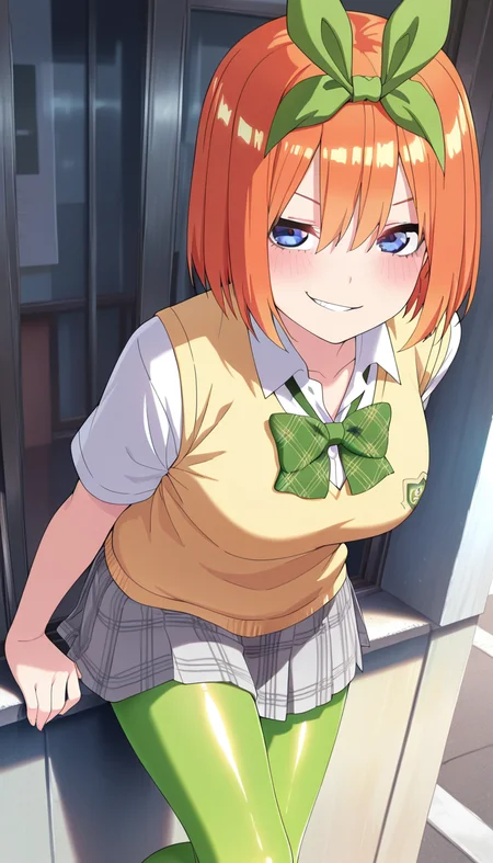 masterpiece, best quality, very aesthetic, absurdres,
solo, 1girl,

yotsuba, blue eyes, hair between eyes, eyebrows hidden by hair, orange hair, short hair, medium hair, green ribbon,

smirk,

School Uniform, neon pantyhose,

outside,
