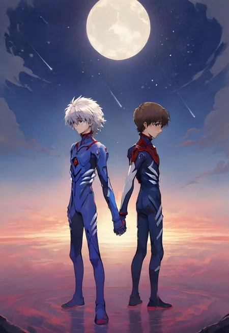 masterpiece, best quality, very aesthetic, moon ,full moon, standing back to back,masterpiece, best quality, very aesthetic, evangelion, ((2boys)), shooting stars,duo,interacting, holding hands
BREAK
shinji ikari, short hair, brown hair, blue eyes,
BREAK
kaworu nagisa, white hair, red eyes