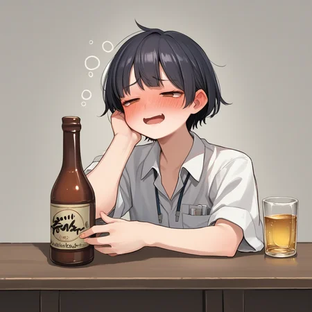 score_9, score_8_up, score_7_up, score_6_up, score_5_up, score_4_up, zPDXL2,source_anime,rating_questionable,<lora:Drunk_V2:0.8>, Dr1nk, blush, drunk bubbles, alcohol, squeans
