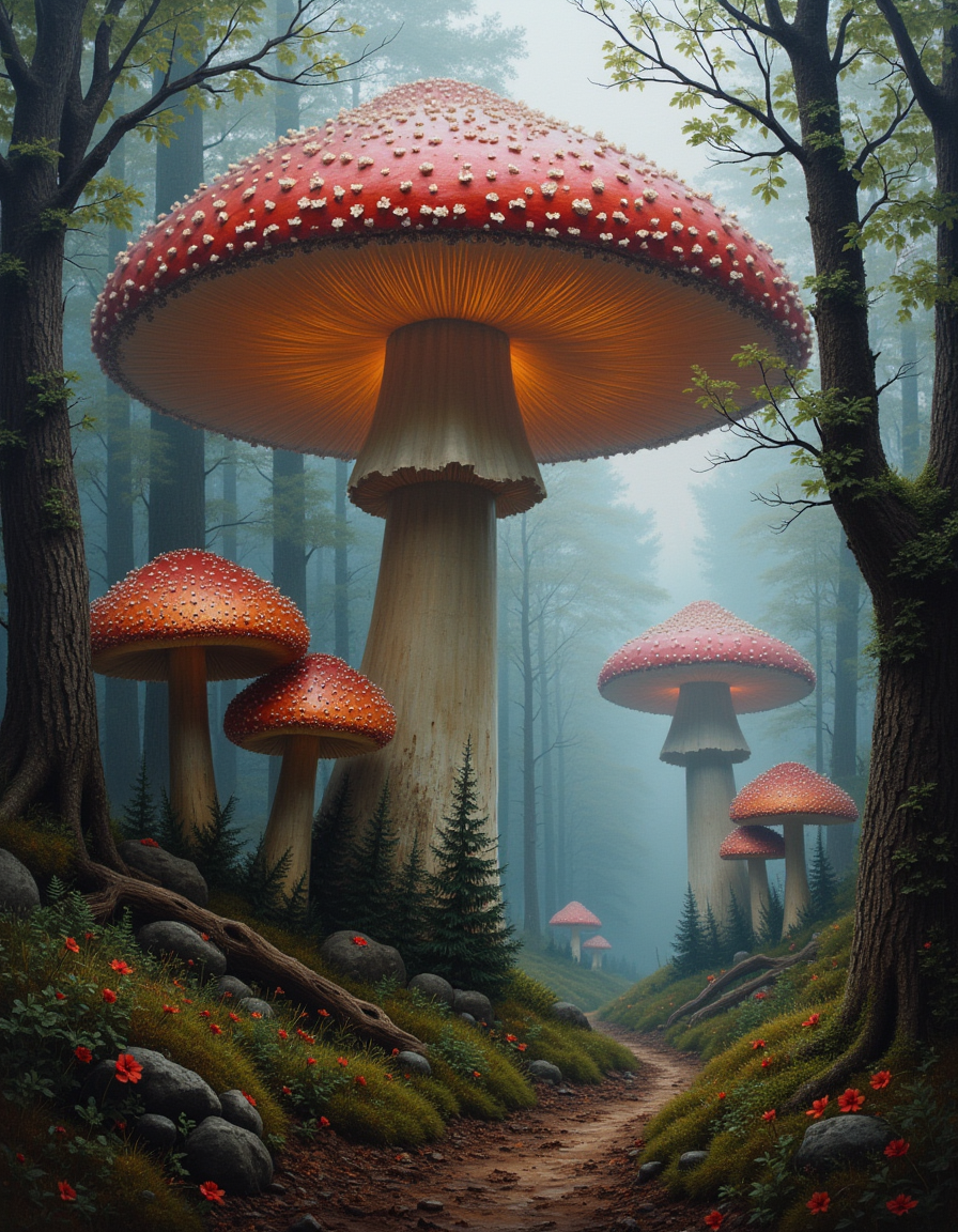 An atmospheric painting of a giant mushroom forest
