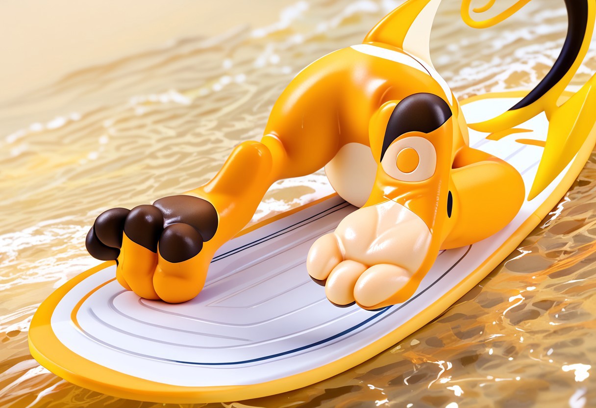 score_9, score_7_up, source_furry, rating_safe, solo,  <lora:POKEMON_RAICHU_r1:1> raichu, pokemon, brown toes, brown feet, tan soles, pokemon (creature), 3 toes, foot focus, feet style, foot style, water, surfing, feet on surfboard, wet on feet, close-up