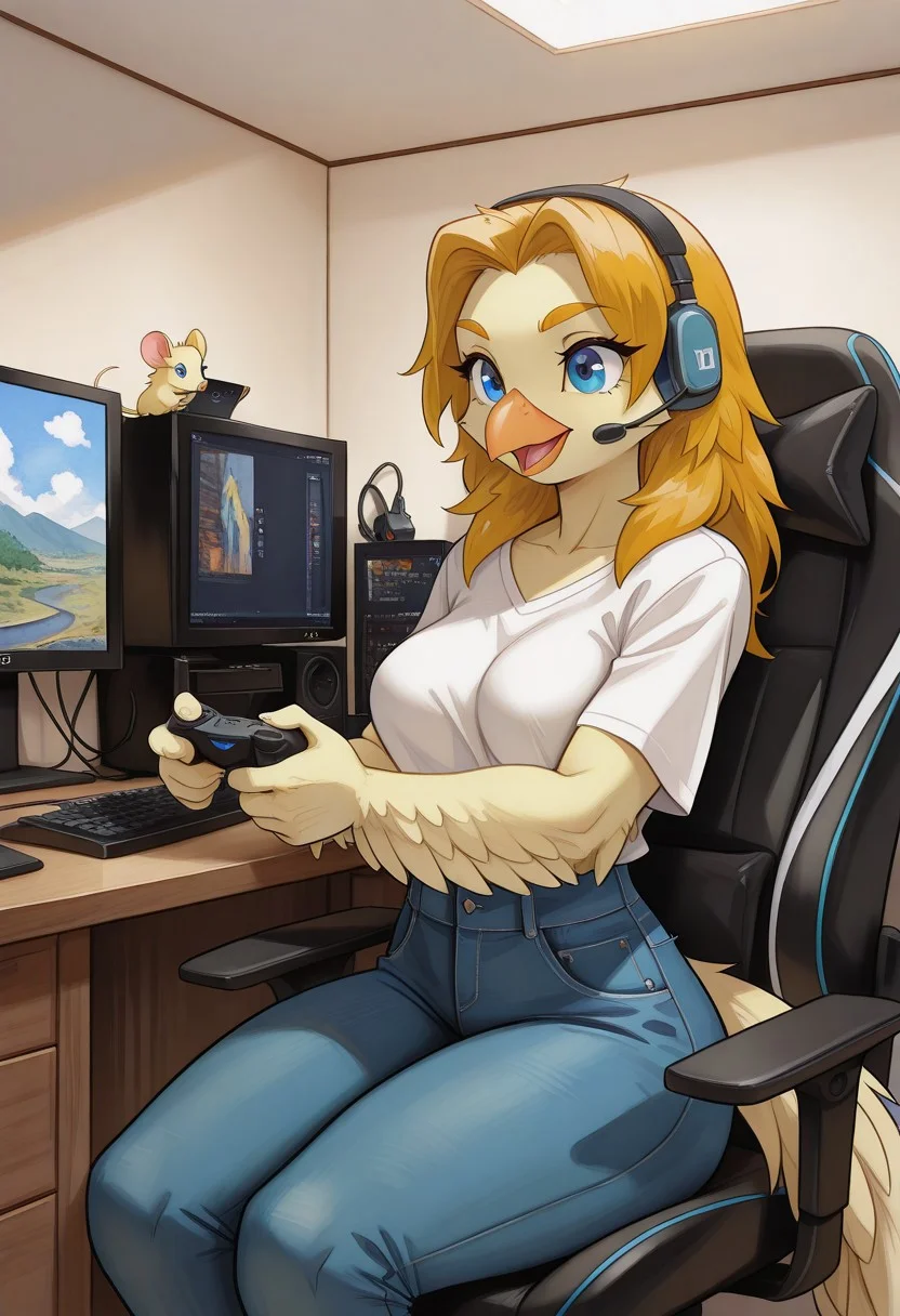 (1girl), (solo), littlewing, (((orange beak))), (light yellow skin), colored skin, big eyes, blue eyes, one tone skin, (light yellow feathers), long hair, light orange hair, light orange eyebrows, narrow eyebrows, feathered arms, (light yellow hands), feathered hands, open mouth, eyelashes, (light yellow tail),
serious, playing games,
medium breasts, narrow waist, toned, collabone,
blue jeans, high-waist pants, white shirt, short sleeves,
Desk, keyboard, mouse, computer, headset, sitting on chair, gaming chair, holding controller,
masterpiece, best quality, very aesthetic, absurdres, newest, scenery, watercolor \(medium\), traditional media, ozon