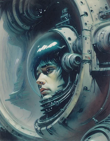 "Close-up, front-facing view of a scavenger, his face reflecting horror, within the chilling confines of a derelict space station. Sharp contrasts, lavishly intricate, drawing from H.R. Giger", surrealism, weird and pissed off, oil on canvas, dry brush, <lora:John Berkey Style:0.9>, John Berkey Style