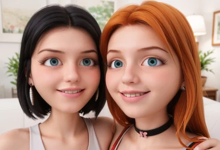 score_9, score_8_up, score_7_up, score_6_up,
2girls, sitting together, on a couch, (leaning against each other, head on shoulder, cheek to cheek:1.4),
1girl, Sabrina Raincomprix, long hair, orange hair, freckles, earrings, white blouse, choker,
1girl, Marinette Dupain-Cheng, long hair, black hair, earrings, red blouse, choker,
perfect eyes, real skin, amateur, photo, solo, perfect face, perfect eyes, sexy, beautiful eyes, petite body,
masterpiece, best quality, amazing quality,
heavy blush, thick dark eyelashes, tiny body,
(skinny girl), on a couch, family home, living room, wall pictures, plants,
blurry background, lot of people in background, shy expression, depth of field, volumetric lighting, biting lips, vibrant colors, intricate details,
smiling, teeth, arms crossed, close up on face, real skin,