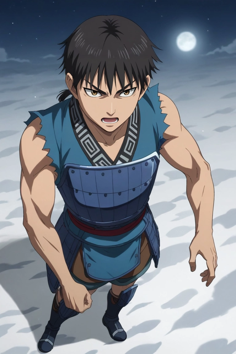 score_9, score_8_up, score_7_up, source_anime, rating_safe, intricate details, anime screencap, , official style, , , 1boy, solo, male focus, <lora:xin_kingdom_pony:0.78>, xin_kingdom, black hair, brown eyes, short hair, low ponytail, , armor, from above, full body, snowy mountain, night, full moon, (dynamic pose:1.2), open mouth, , <lora:sdxl_lightning_8step_lora:1>