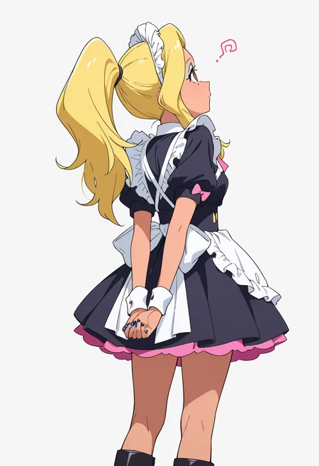 Smooth Quality,masterpiece,very intricate, high quality details, ultra realistic, high detailed skin,detailed enviorement,absurdres,
 <lora:Gotou_Shino_Shiipon_CNR:0.8> gotou_cnr, blonde hair,long hair, ponytail, brown eyes, dark-skinned female, mole, nail polish, eyeshadow,gotou_maid_cnr,maid, maid headdress, maid apron,black dress, short dress,puffy short sleeves, boots, frills,pink bowtie,, simple background, white background, from behind,solo,
standing, arms behind back, looking up, calm expression, relaxed posture,  ,, @ @,