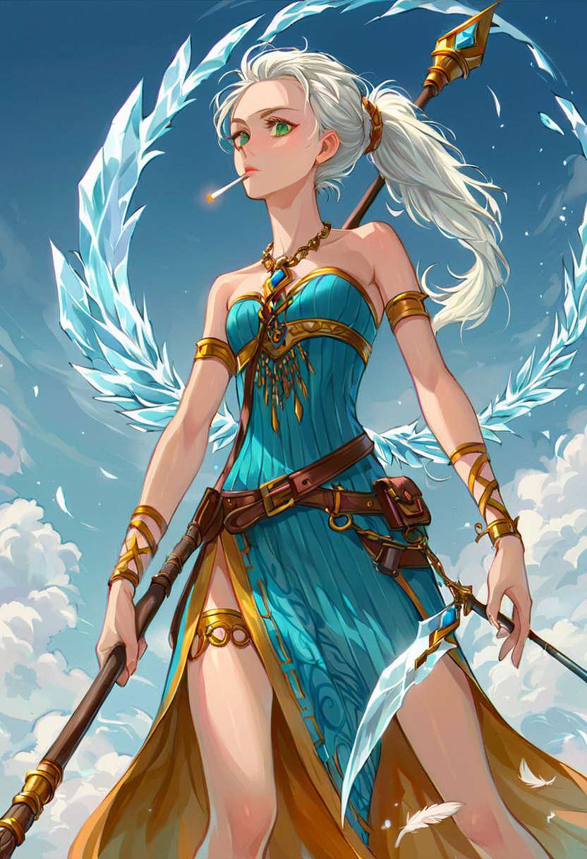 (score_9, score_8_up:1.1), score_7_ up, highly detailed, , zPDXL, ((1 girl,)) slender, petite ,Frostbrand elven necromancer, ice mastery, long white hair tied back in a ponytail, sharp green eyes, form-fitting black and blue robes, wielding a staff imbued with ice magic. she wear Roaring '0s flapper's stylish ensemble, sequined dress, bobbed hair, strings of pearls, cigarette holder, headbands with feathers. ,  dynamic pose, detialed background
, masterpeice, detailed, intricated details, 8k, ultraclear <lora:detailed_notrigger:1>, wide angle, detailed scene, detailed faces, perfect quality, tranding on artstation, incredible details , Painstaking Attention To Details ,  <lora:OMG-Is-DucHaiten_v1.0:1> ziprealism