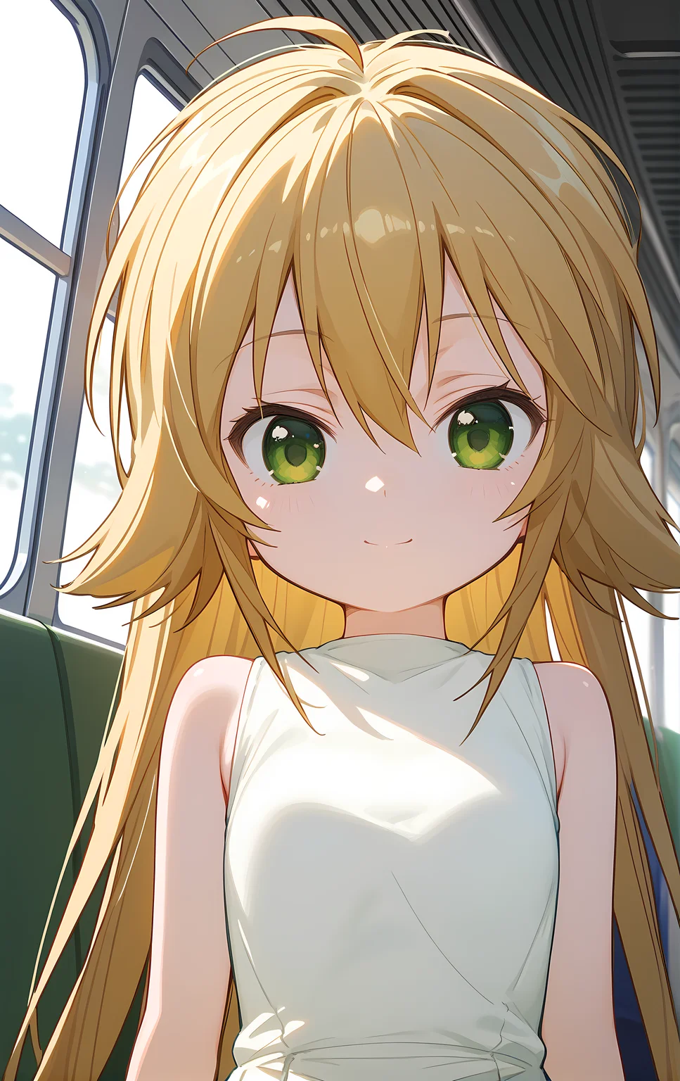 (score_9, score_8_up, score_7_up), looking at viewer, light smile, closed mouth, shiny skin, tight clothes,
ohwx, 1girl, solo, solo_focus, aged_down, child, green_eyes, blonde_hair, long_hair, very_long_hair, hair_between_eyes, small_breasts,
dress, white_dress, sleeveless, sleeveless_dress, bare_shoulders,
blurry, cowboy shot, dutch angle, train interior, scenery, seat, vanishing point, sunlight, (upper body, close-up:1.5),
<lora:kusano_pony_ss-000002:1>