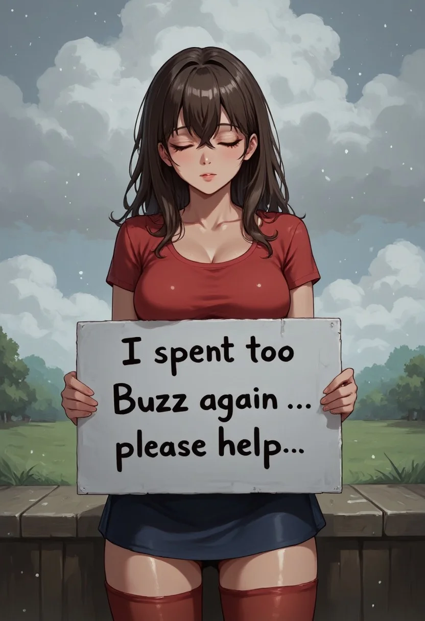 anime, 2d, female, solo, busty, ((red t-shirt)), ((dark blue skirt)), ((red thighhighs)), ((dark brown hair)), (((closed eyes))), standing, wet, soaked, crying, raining, storm, ((long hair)), ((messy bangs)), ((landscape background)), ((holding a white sign with black text that reads "I spent too much Buzz again... please help..." on it))