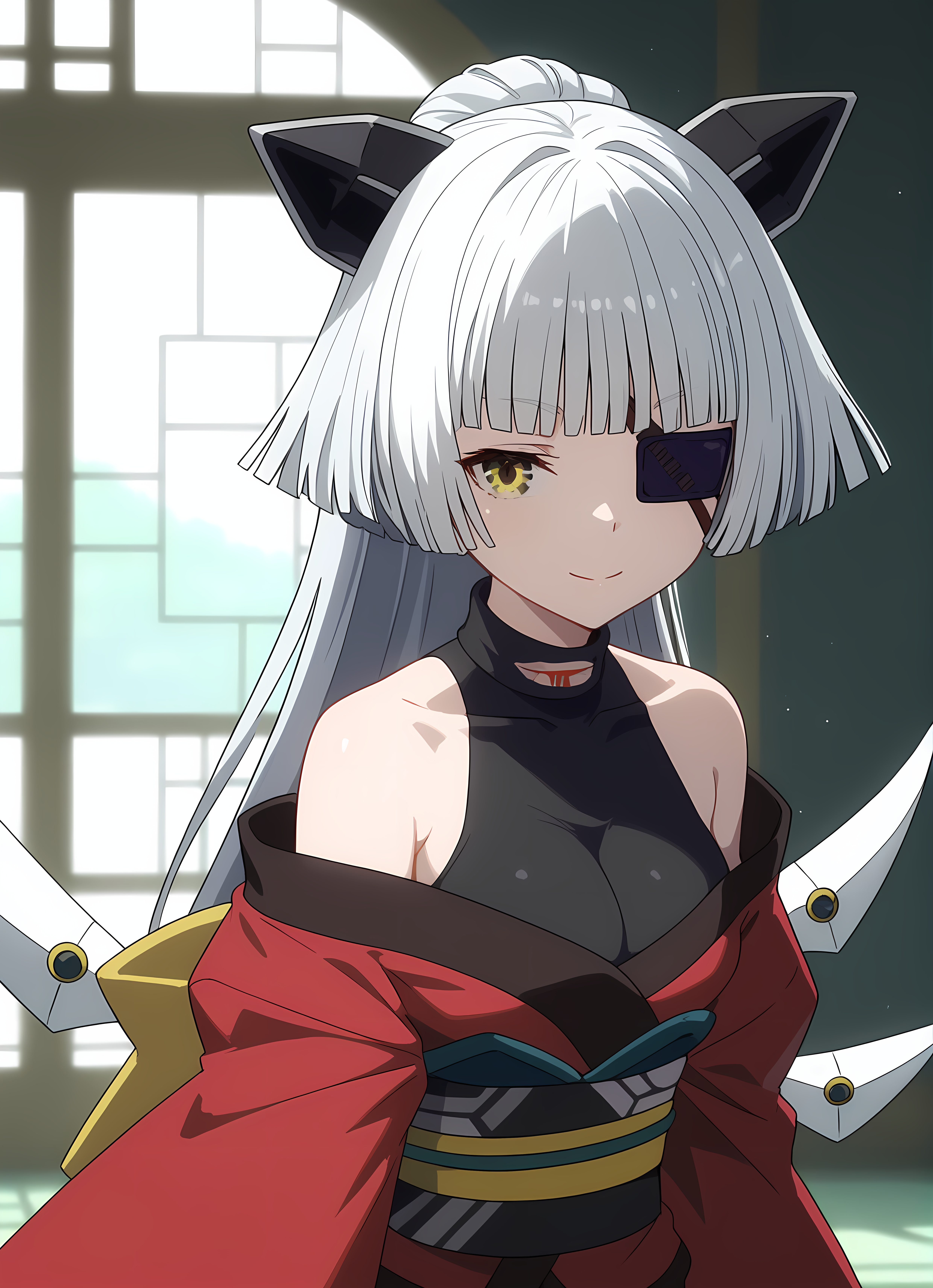 score_9,score_8_up,score_7_up,closed mouth, shiny skin, light smile,ohwx, 1girl, solo, long_hair, eyepatch, white_hair, yellow_eyes, ponytail, grey_hair, breasts, blunt_bangs, solo_focus, animal_ears,bare_shoulders, japanese_clothes, kimono, sash, obi, off_shoulder, wings, red_kimono, Bending over as if picking something up, enchanted library in an interdimensional realm,<lora:lugh_pony_sobsynapse-000011:1>