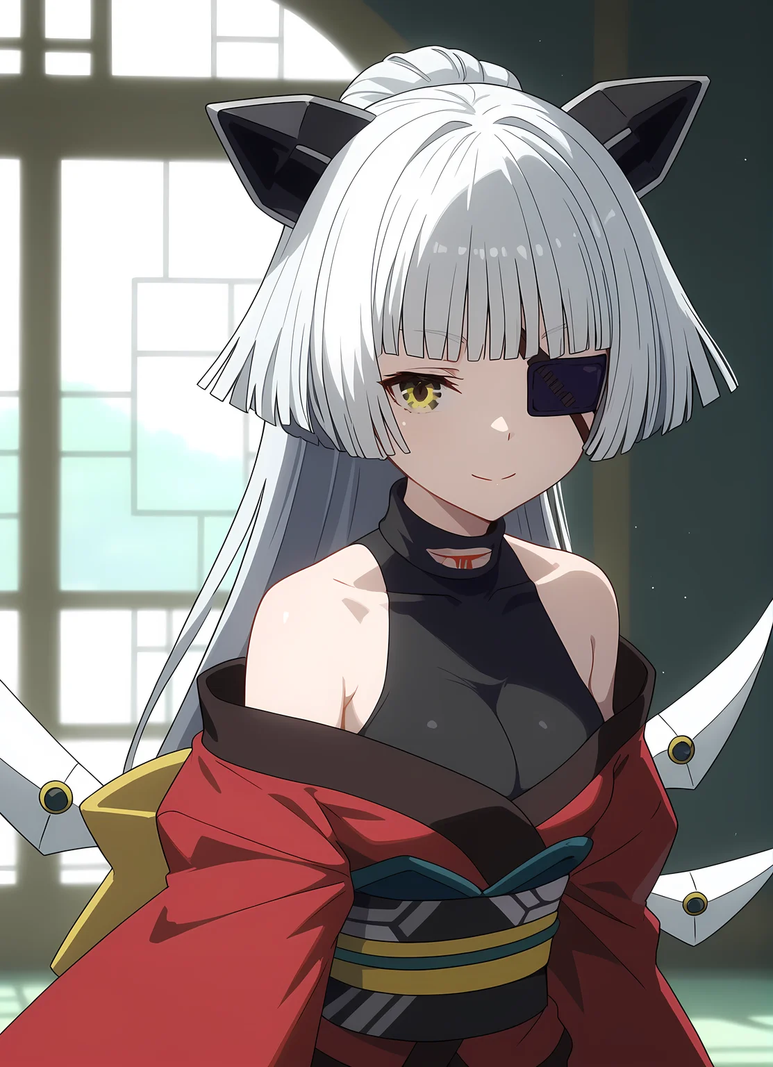 score_9,score_8_up,score_7_up,closed mouth, shiny skin, light smile,ohwx, 1girl, solo, long_hair, eyepatch, white_hair, yellow_eyes, ponytail, grey_hair, breasts, blunt_bangs, solo_focus, animal_ears,bare_shoulders, japanese_clothes, kimono, sash, obi, off_shoulder, wings, red_kimono, Bending over as if picking something up, enchanted library in an interdimensional realm,<lora:lugh_pony_sobsynapse-000011:1>