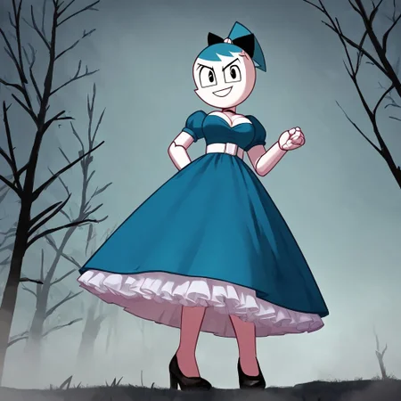 (Masterpiece, best quality:1.2), score_9, score_8_up, flat color, flat shading, soft shading, lighting, Jenny Wakeman as an adult, (((in a 1950's full length formal dark blue dress, a white belt, a fluffy frilly ruffled full white petticoat, and black high heels))), dress, layered petticoat, frilly petticoat, fluffy petticoat, full petticoat, detailed petticoat, wide skirt, detailed outfit, flowing skirt, (((long skirt))), (((solid dark blue colored dress, black high heels))), blue hair, series accurate, cute, best high quality, high res, robot, humanoid robot, (((big breasts, cleavage))), whole body shot, 1girl, (((solo, outside, in a dark creepy forest, at night, heavy fog surrounding her, fog, heavy fog, looking at you, low angle))), (((evil, evil smile, determined evil eyes, posing gracefully and evilly))), low angle shot, cartoon, cartoon style, vector, solo, circle dress, 1950s, dance dress jenny, jenny wakeman, 1girl, solo, robot joints, black eyes, white skin, ponytail, hair bow, blue rose chest corsage, poofy dress, blue hair, flat lighting,