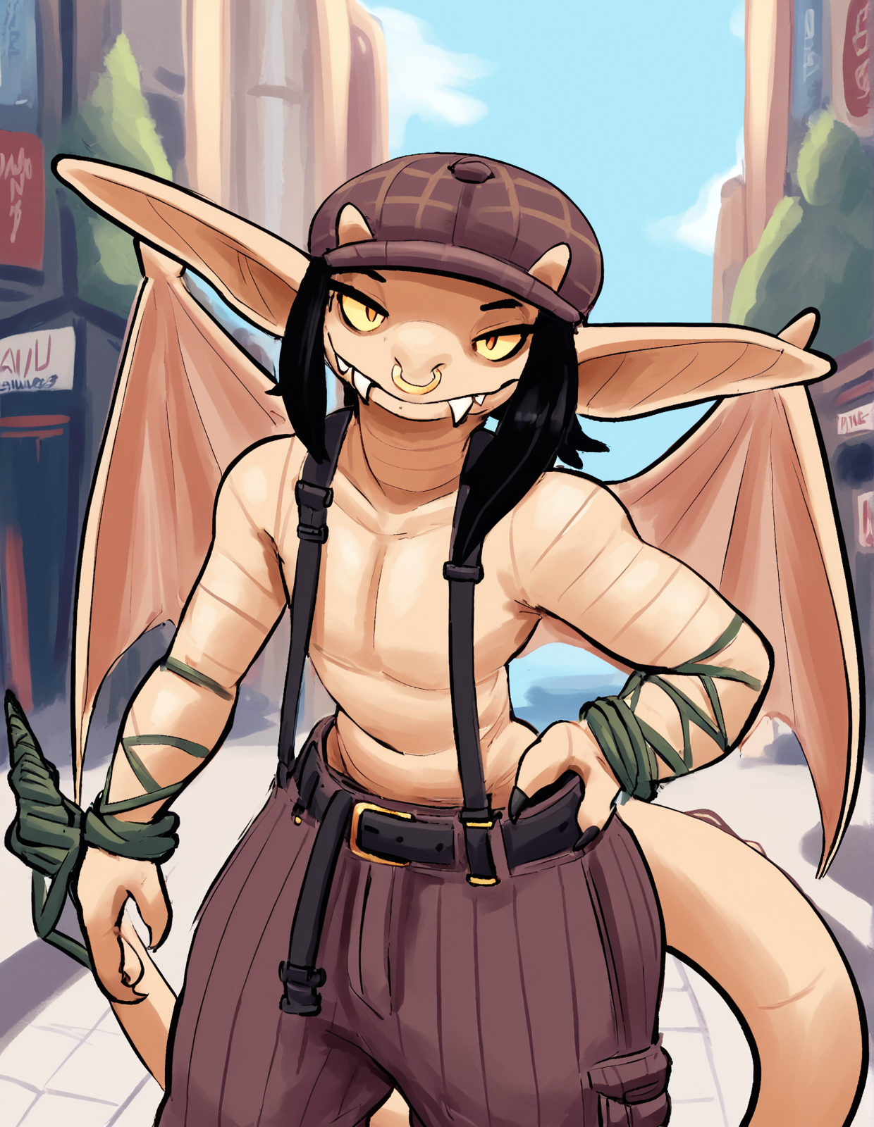 score_9, score_8_up, score_7_up, score_6_up, score_5_up, score_4_up, source_furry, pbi, fbk, ivy \(deadlock\), deadlock, valve, gargoyle, 4 fingers, anthro, big ears, black hair, bottomwear, clothed, clothing, facial piercing, fangs, featureless chest, female, fingers, flat chested, hair, hat, headgear, headwear, horn, leaning, leaning forward, (hunched over:1.2), long ears, looking at viewer, nose piercing, nose ring, oversized bottomwear, oversized clothing, oversized pants, pants, piercing, ring piercing, septum piercing, septum ring, sharp teeth, smile, solo, suspenders, tail, teeth, topless, wings, detailed background, outside, city, new york, tan body, (short:1.1)
 <lora:ivy-deadlock_pdxl:1>