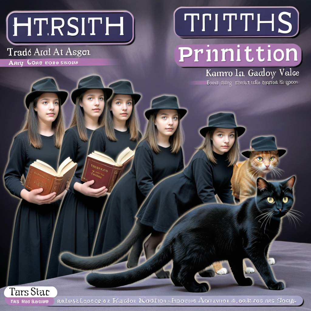 <lora:Animorph_-_pony:1> animorph, girl, morph, ((cat(black, hat)), left to right transformation, multiple people, 5 stage transformation, gradual transformation,  book cover,