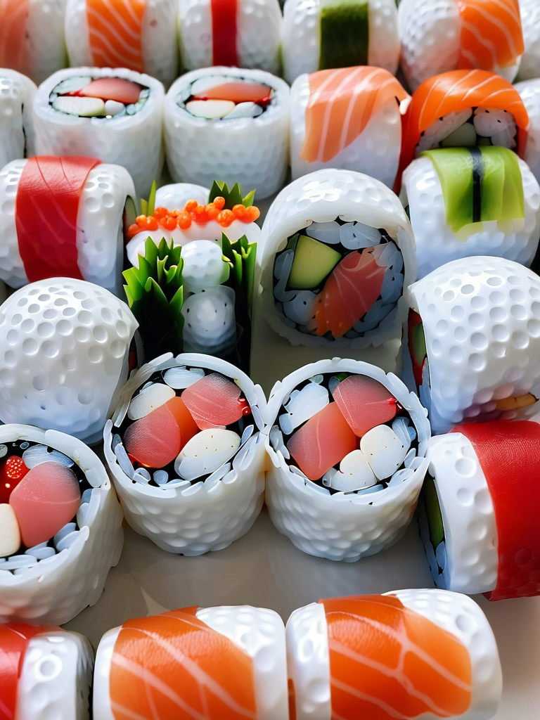 <lora:g0lfb4lls_v2:1>, high quality, high resolution, sushis, made of golf balls