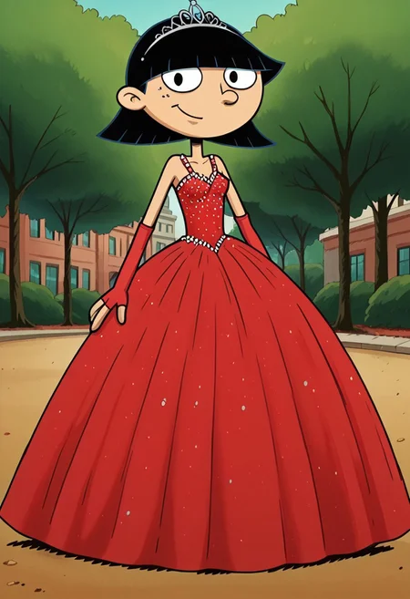 score_9_up,score_8_up,score_7_up,score_6_up,score_5_up,score_4_up BREAK rhonda,black hair, black eyes, bob cut, blunt bangs, Very large red floor length gown, ball gown, rhimestones. She is also wearing a tiara, hoop skirt, dome shape skirt, quinceanera, prom, pageant, long elbow length red fingerless Satin bridal gloves, contrapposto, hand on own hip, park, tree, building,smile,arm at side, leaning to the side, dutch angle, looking at viewer,    <lora:RhondaPony:1>