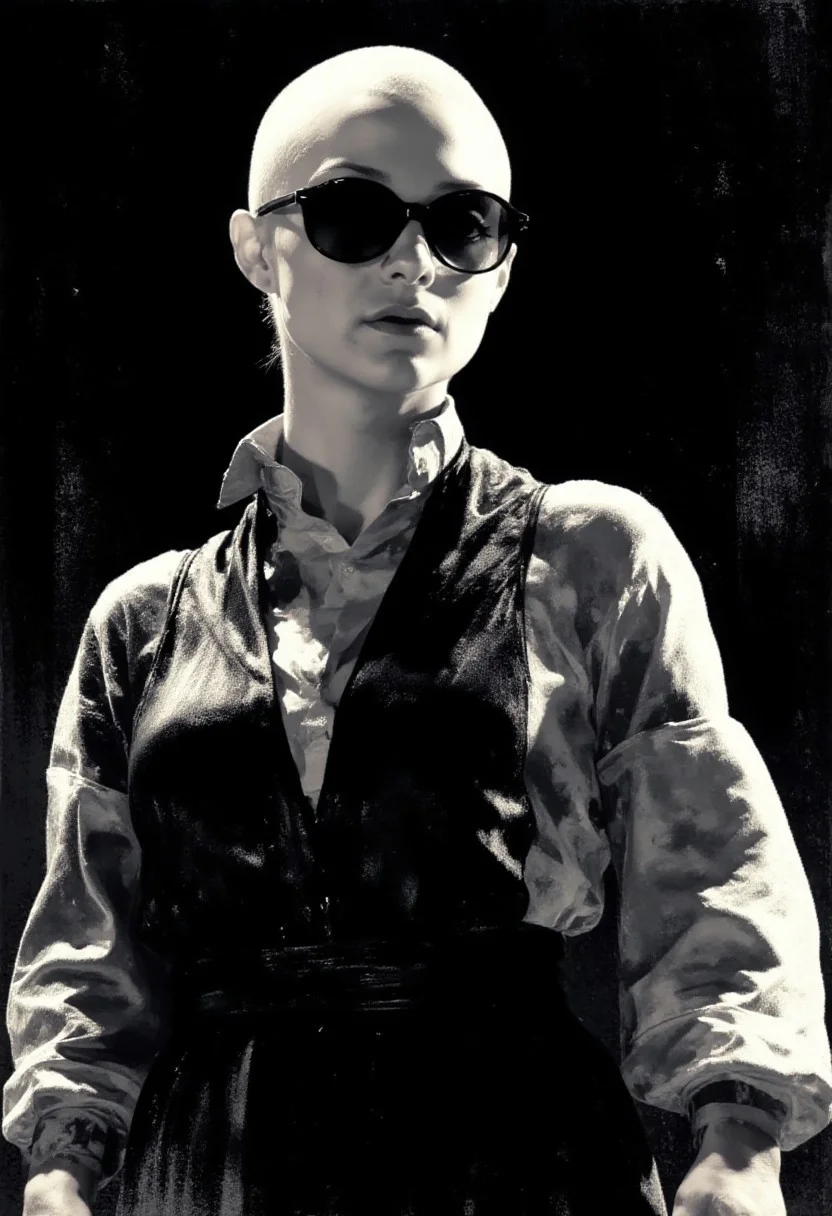 An image of a bald, sensuous female monk in the distinctive Sin City art style. She is wearing sunglasses that glow with an otherworldly light, reminiscent of the iconic visuals from the Sin City graphic novels and films. Her gaze is direct and engaging, looking out at the viewer with a sense of confidence and perhaps a hint of menace. The overall aesthetic is heavily influenced by the Sin City style, characterized by stark contrasts between black and white, with selective use of vibrant color – perhaps the glowing sunglasses or a splash of red – to emphasize key elements. The monk's sensuality is portrayed subtly, through her posture, expression, and the way her clothing (or lack thereof) drapes on her body, avoiding any overly explicit or exploitative depiction. The image capture the gritty, crime-ridden world of Sin City, with its dark shadows, stylized violence, and morally ambiguous characters. The final result is a visually striking and memorable image, capturing the unique blend of pulp fiction, graphic novel aesthetics, and cinematic storytelling that defines the Sin City universe.
sinCity, stylized illustration, brush strokes, sr3fmj
