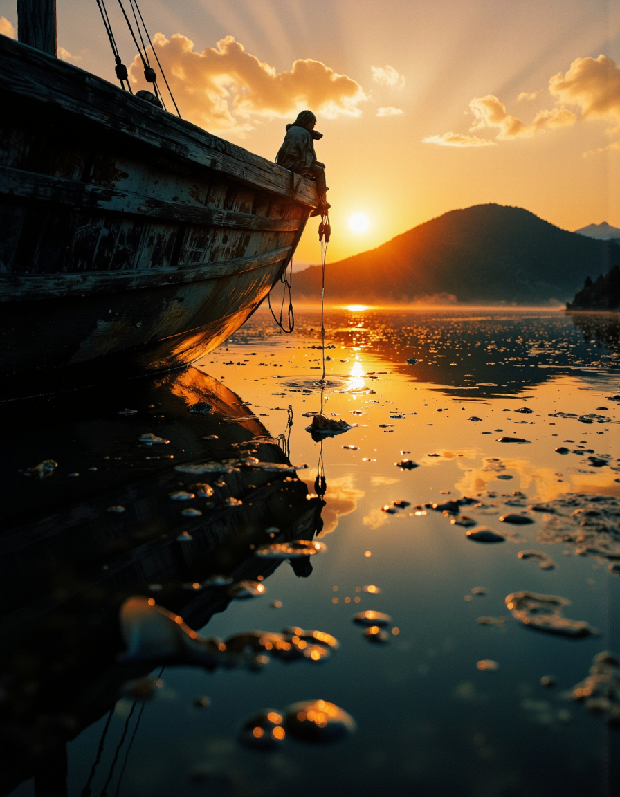 A highly detailed cinematic photography.
Boat, dripping, water, reflections, transparency, provoking, vivid color, Mordor: A dark and evil land ruled by the dark lord Sauron, Ernst Haas,  golden hour.