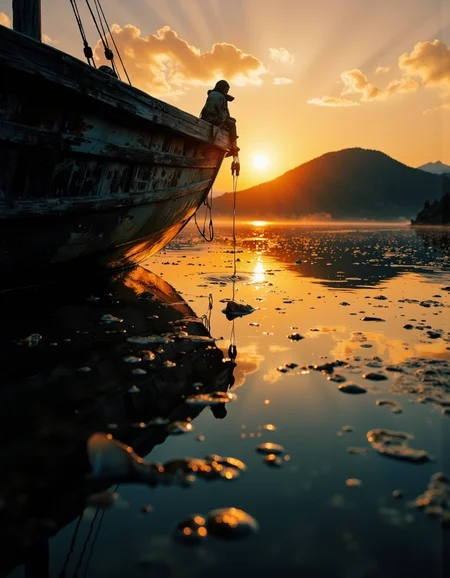 A highly detailed cinematic photography.
Boat, dripping, water, reflections, transparency, provoking, vivid color, Mordor: A dark and evil land ruled by the dark lord Sauron, Ernst Haas, golden hour.