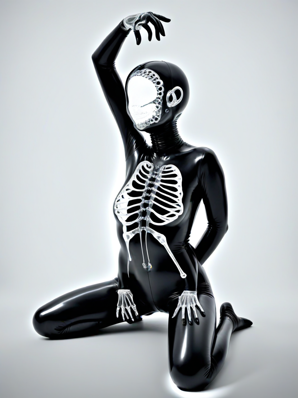 woman arms behind head, body leaning forward slightly, legs crossed, thoughtful and relaxed body language, wearing rubber gimp suit, Abnormal, abstract,x-ray art, <lora:DeconDada++:0.7>