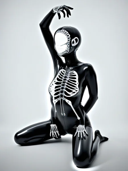 woman arms behind head, body leaning forward slightly, legs crossed, thoughtful and relaxed body language, wearing rubber gimp suit, Abnormal, abstract,x-ray art, <lora:DeconDada++:0.7>