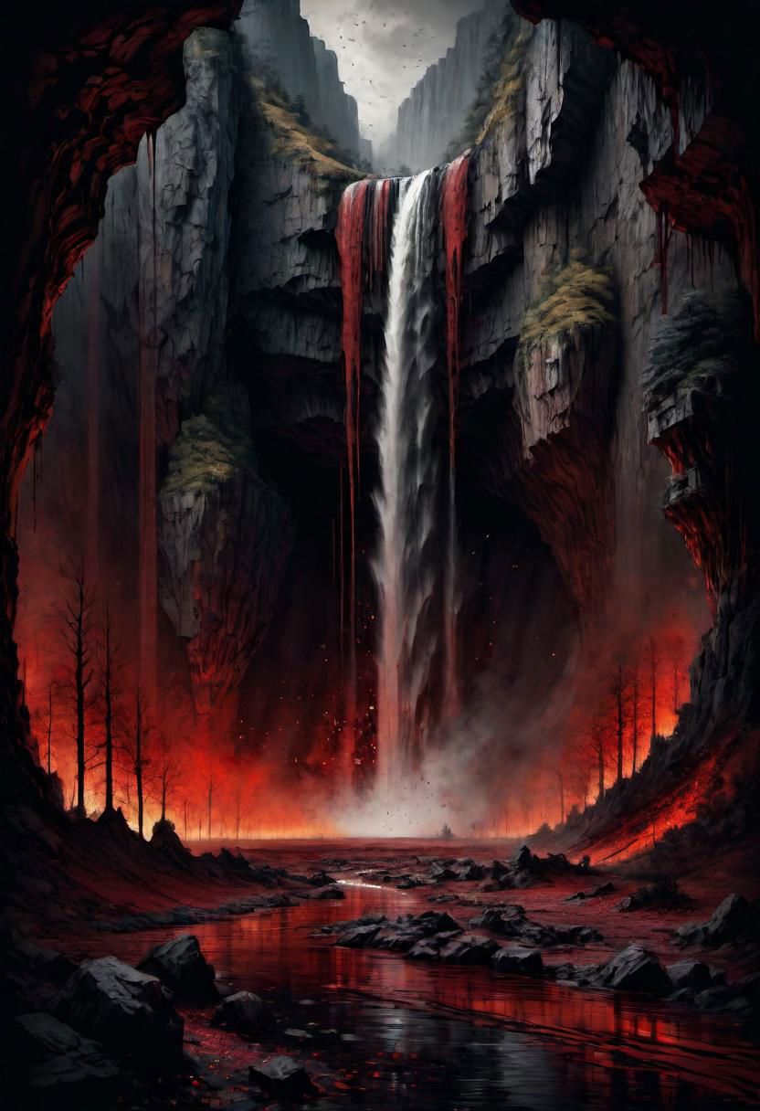 a landscape of a waterfall of ((blood)),
 masterpiece, highly detailed,
EdobHorrorLandscape,
horror, dark,