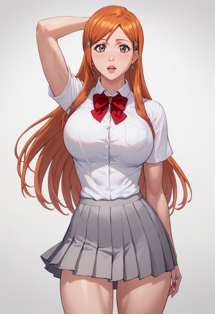 score_9, score_8_up, score_7_up,1girl, solo, bimbo, inoue orihime, long hair, orange hair, brown eyes, school uniform, grey skirt, white shirt, wide hips, toned ass, static pose, looking at viewer, overall detail, high resolution, masterpiece, detailed clother, white background, highly detailed