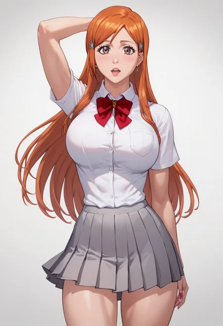 score_9, score_8_up, score_7_up,1girl, solo, bimbo, inoue orihime, long hair, orange hair, brown eyes, school uniform, grey skirt, white shirt, wide hips, toned ass, static pose, looking at viewer, overall detail, high resolution, masterpiece, detailed clother, white background, highly detailed
