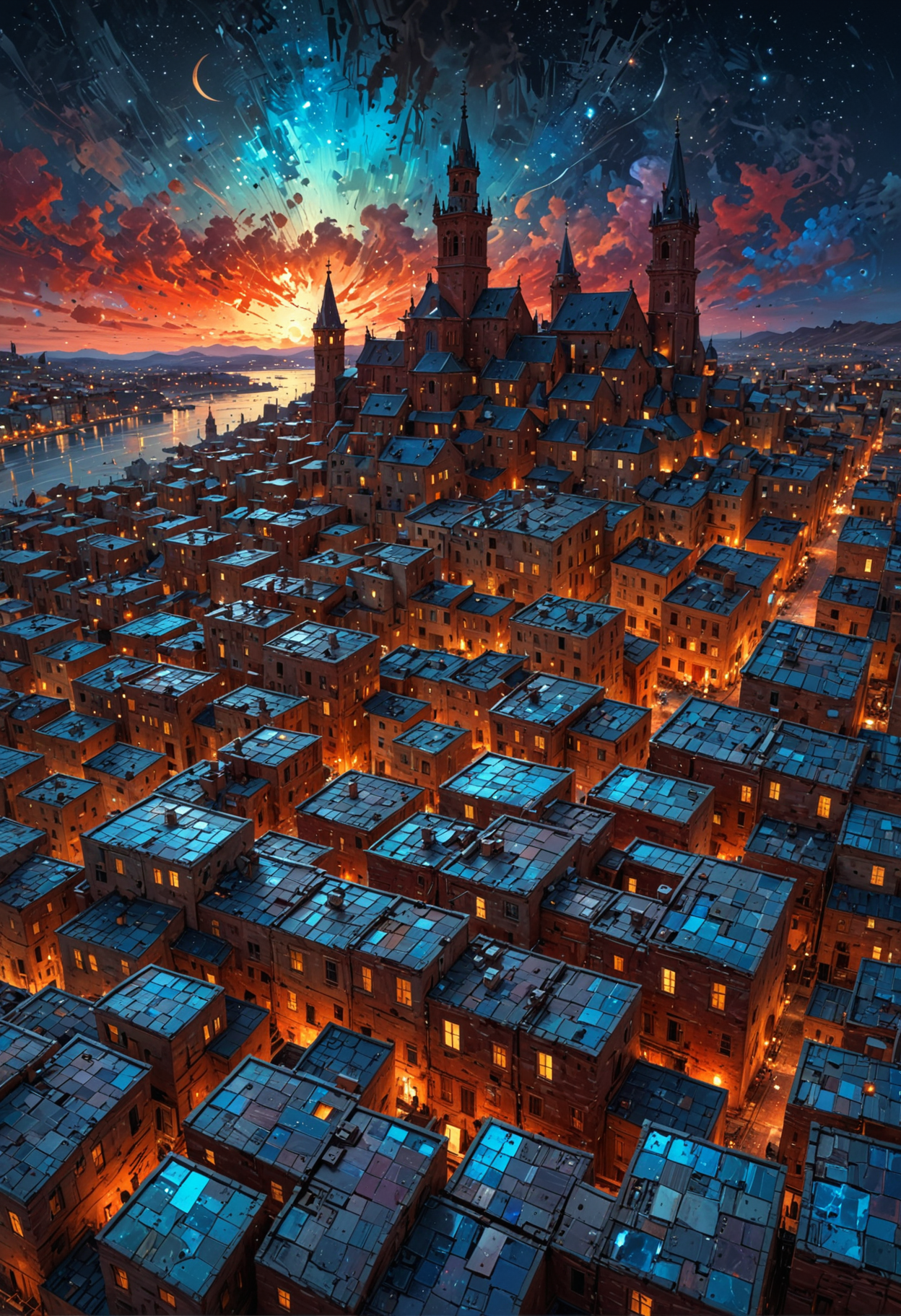 high quality, 8K Ultra HD, highly detailed, Abstraction, Oil, Sketch, Big city landscape made of starry sky, Cubism, Brush, Palette, Pigment, Stroke, Contrast, Depth, Creativity, Imagination, Ceramic, Cerulean, Vermilion, Impasto, Glaze, Grayscale, Fauvism, Renaissance, luminism, 3d render, octane render, Isometric, awesome full color, <lora:EpicF4nta5yXL:0.8>