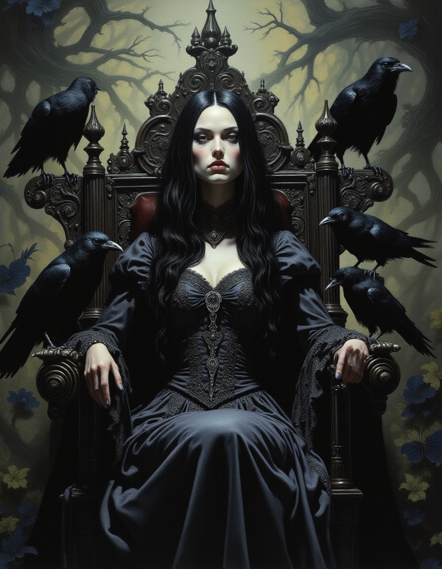 A gothic-looking woman with long black hair, wearing an elaborate dark Victorian-style dress, sitting on an antique wooden throne. She is surrounded by black-plumed crows that seem to guard her. The atmosphere is somber, with dim lighting highlighting her serious and mysterious expression,
and intricate details on her dress. The background has patterns of intertwined branches and dark leaves, suggesting an enchanted forest atmosphere or a forgotten kingdom. <lora:sxz-Dark-Fantasy-v2-Flux:1>